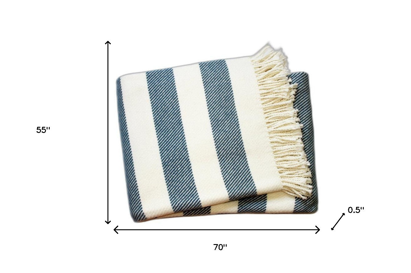 Cream and Slate Slanted Stripe Fringed Throw Blanket