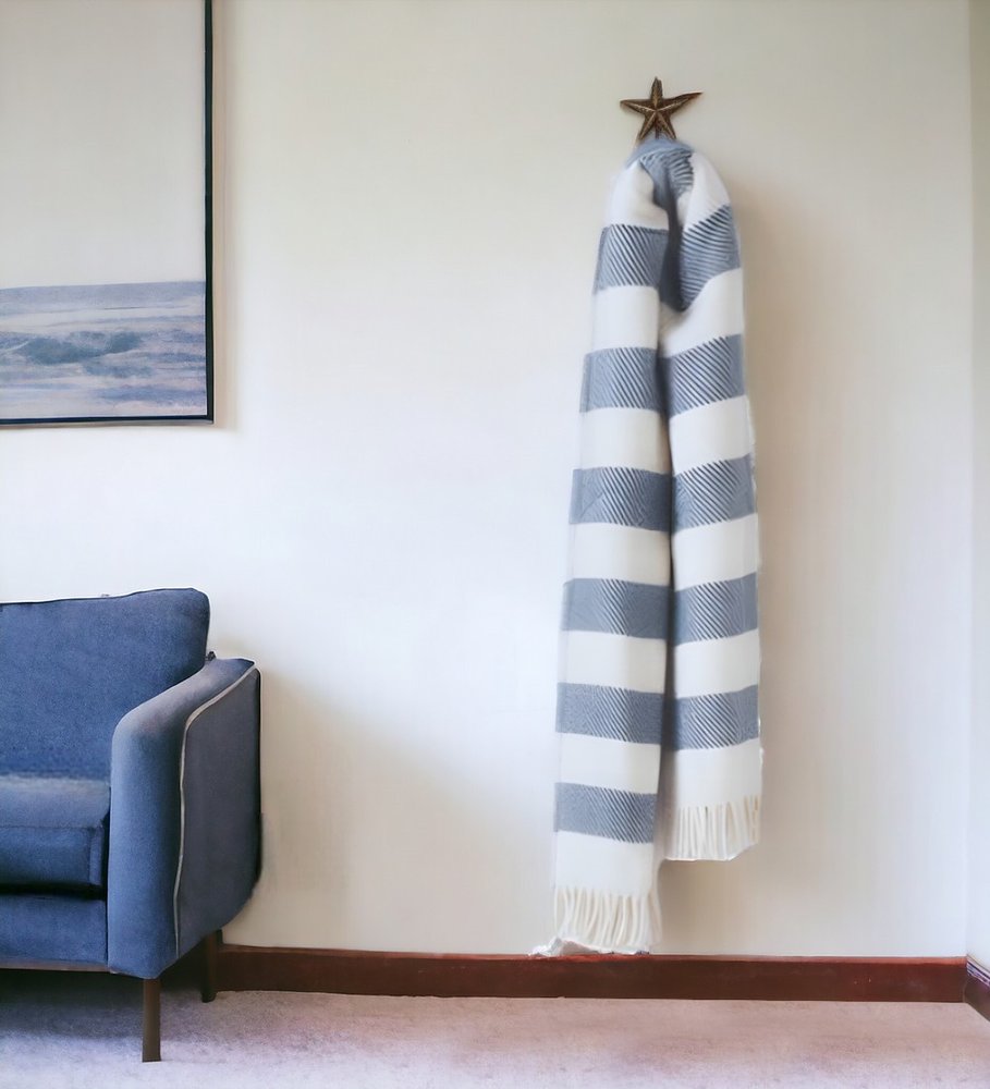 Cream and Slate Slanted Stripe Fringed Throw Blanket HomeRoots