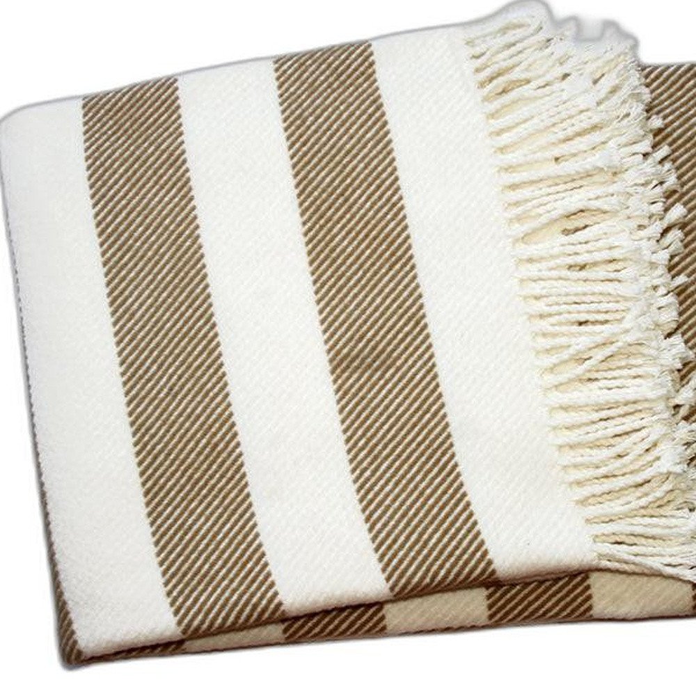 Cream and Stone Slanted Stripe Fringed Throw Blanket HomeRoots