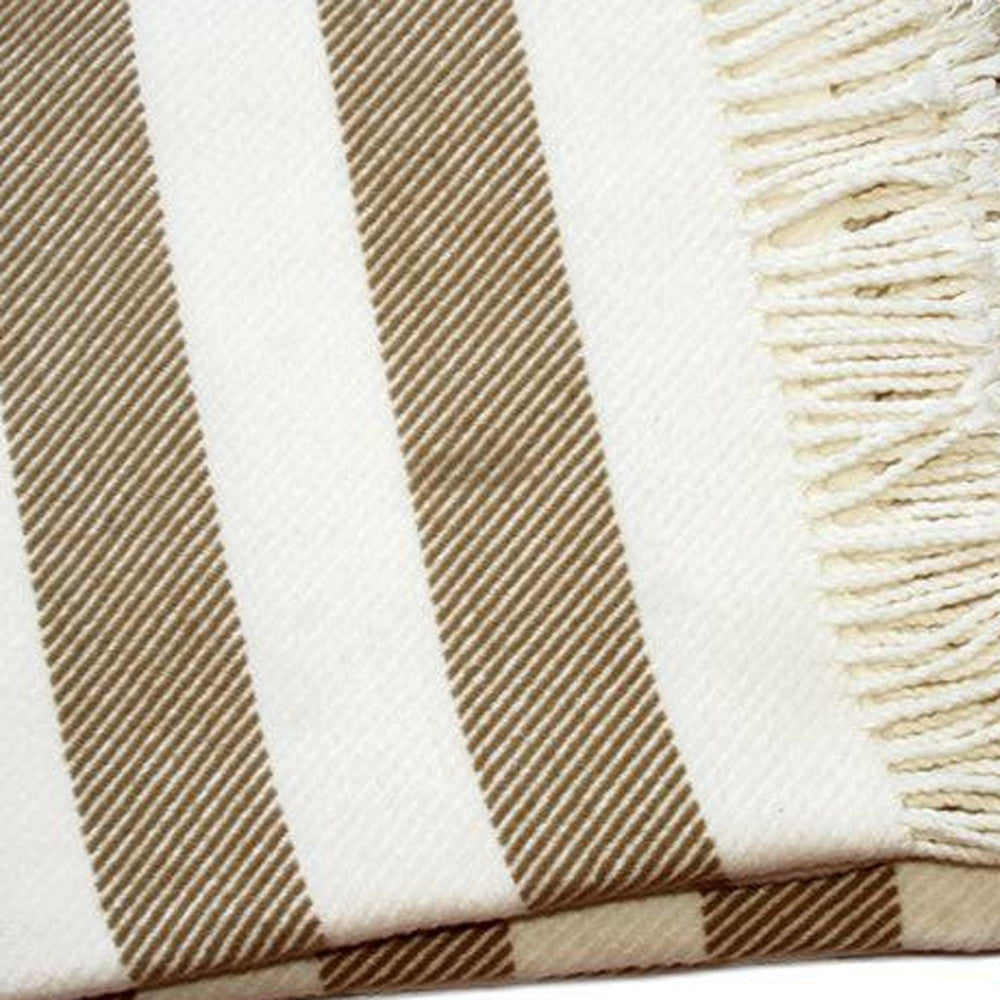 Cream and Stone Slanted Stripe Fringed Throw Blanket