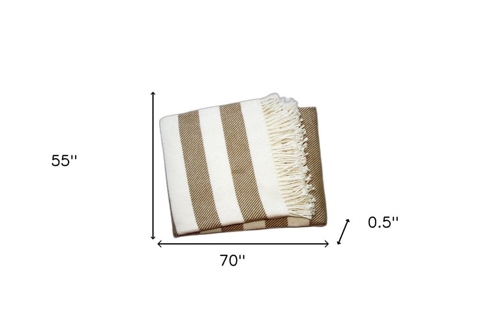 Cream and Stone Slanted Stripe Fringed Throw Blanket HomeRoots
