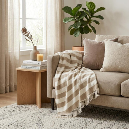 Cream and Stone Slanted Stripe Fringed Throw Blanket HomeRoots