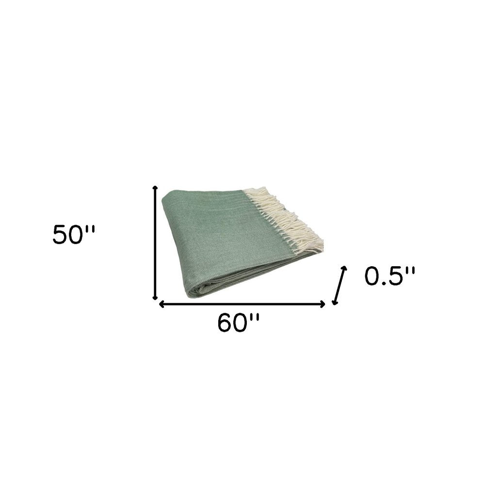 50" X 60" Green And Ivory Woven Herringbone Plush Throw Blanket with Tassels HomeRoots