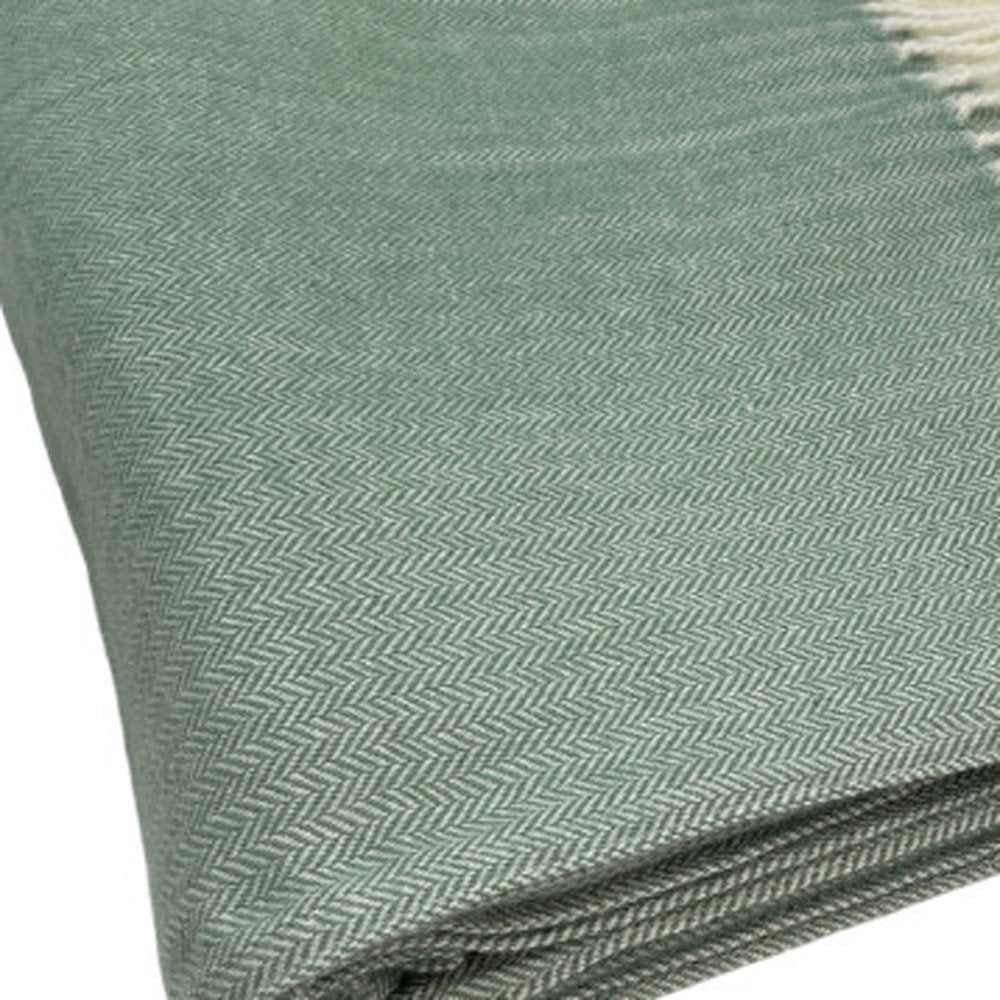 50" X 60" Green And Ivory Woven Herringbone Plush Throw Blanket with Tassels HomeRoots