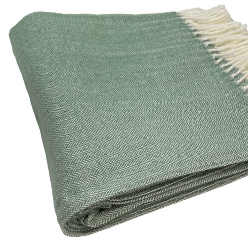 50" X 60" Green And Ivory Woven Herringbone Plush Throw Blanket with Tassels HomeRoots