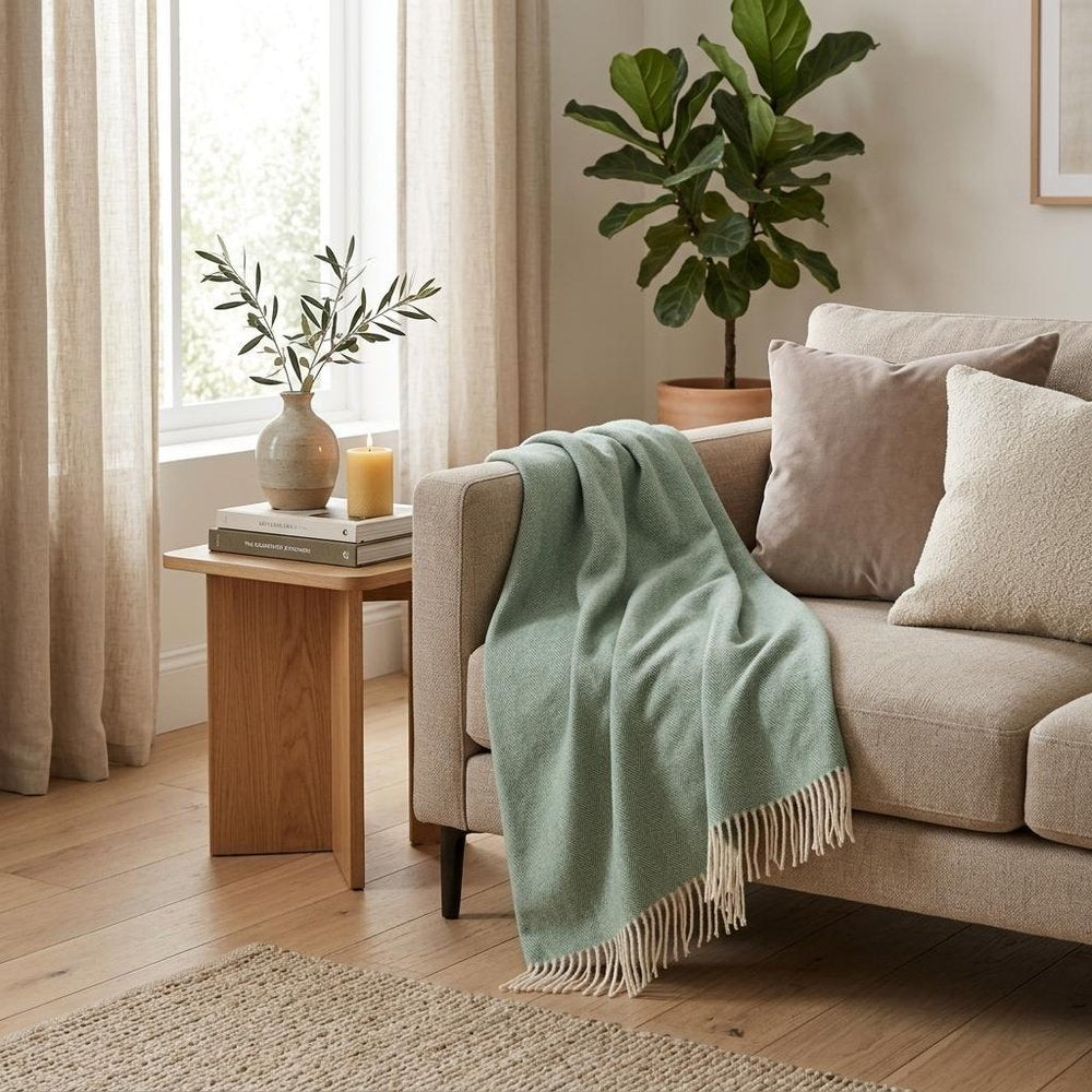 50" X 60" Green And Ivory Woven Herringbone Plush Throw Blanket with Tassels HomeRoots