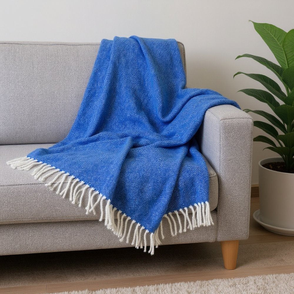 50" X 60" Royal Blue And White Woven Herringbone Plush Throw Blanket HomeRoots