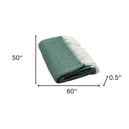 50" X 60" Olive Green And White Woven Herringbone Plush Throw Blanket with Tassels HomeRoots