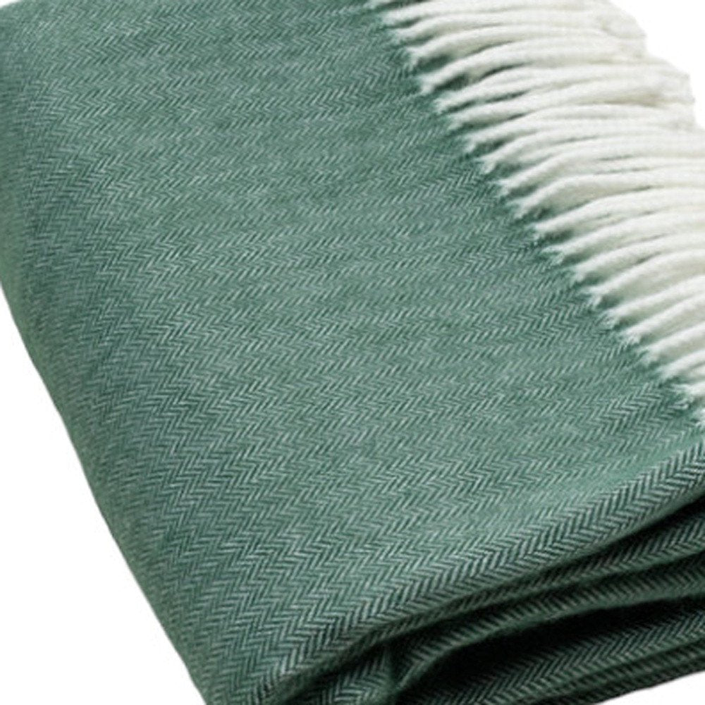 50" X 60" Olive Green And White Woven Herringbone Plush Throw Blanket with Tassels HomeRoots