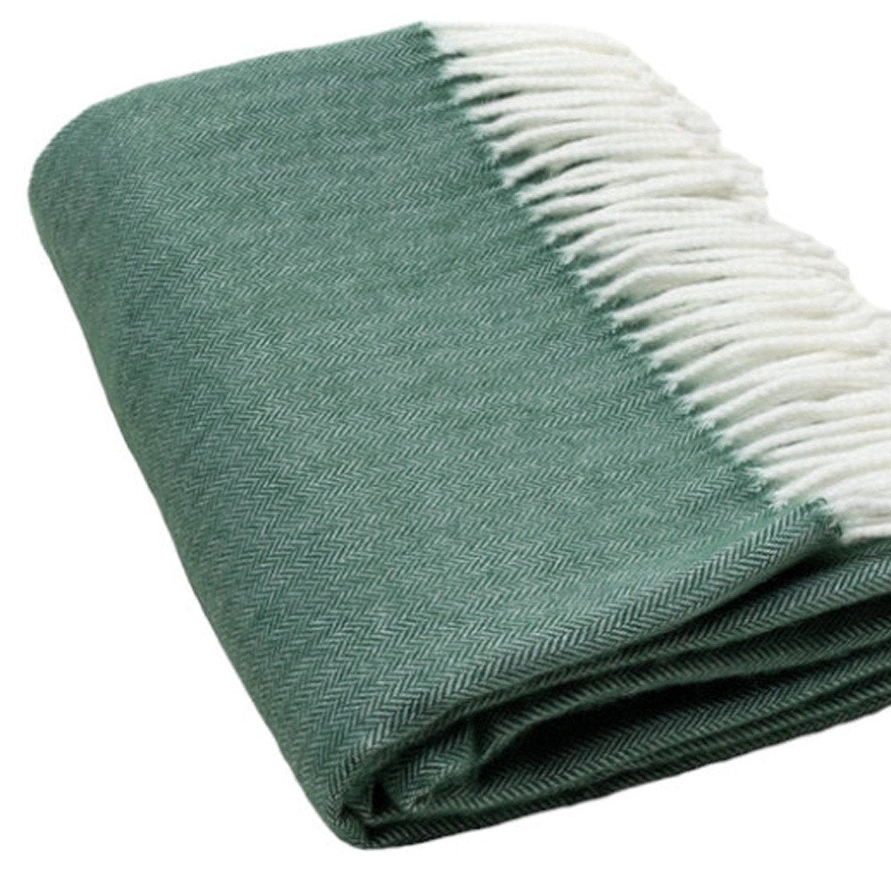 50" X 60" Olive Green And White Woven Herringbone Plush Throw Blanket with Tassels HomeRoots