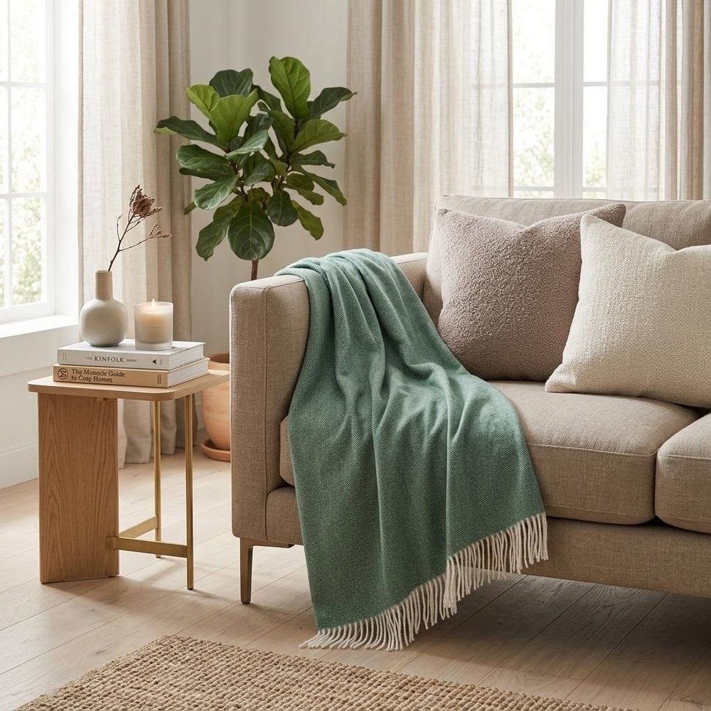 50" X 60" Olive Green And White Woven Herringbone Plush Throw Blanket with Tassels HomeRoots