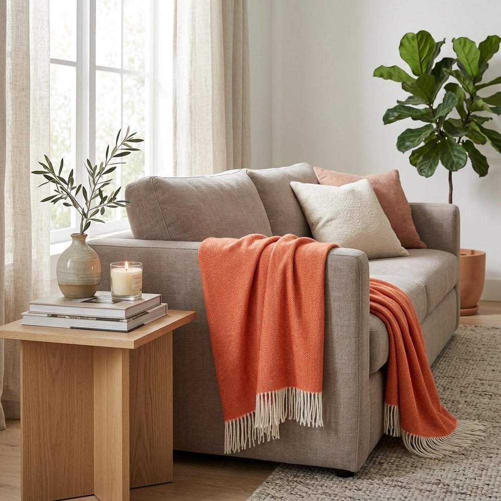 50" X 60" Orange And White Woven Herringbone Plush Throw Blanket — view 6