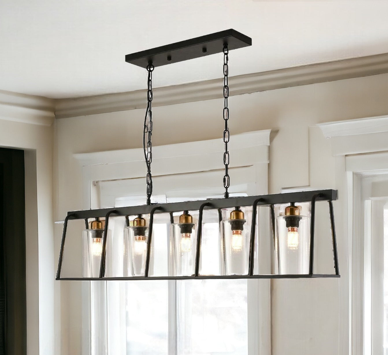 Black Shaded Five Light Metal Ceiling Light With Clear Shades