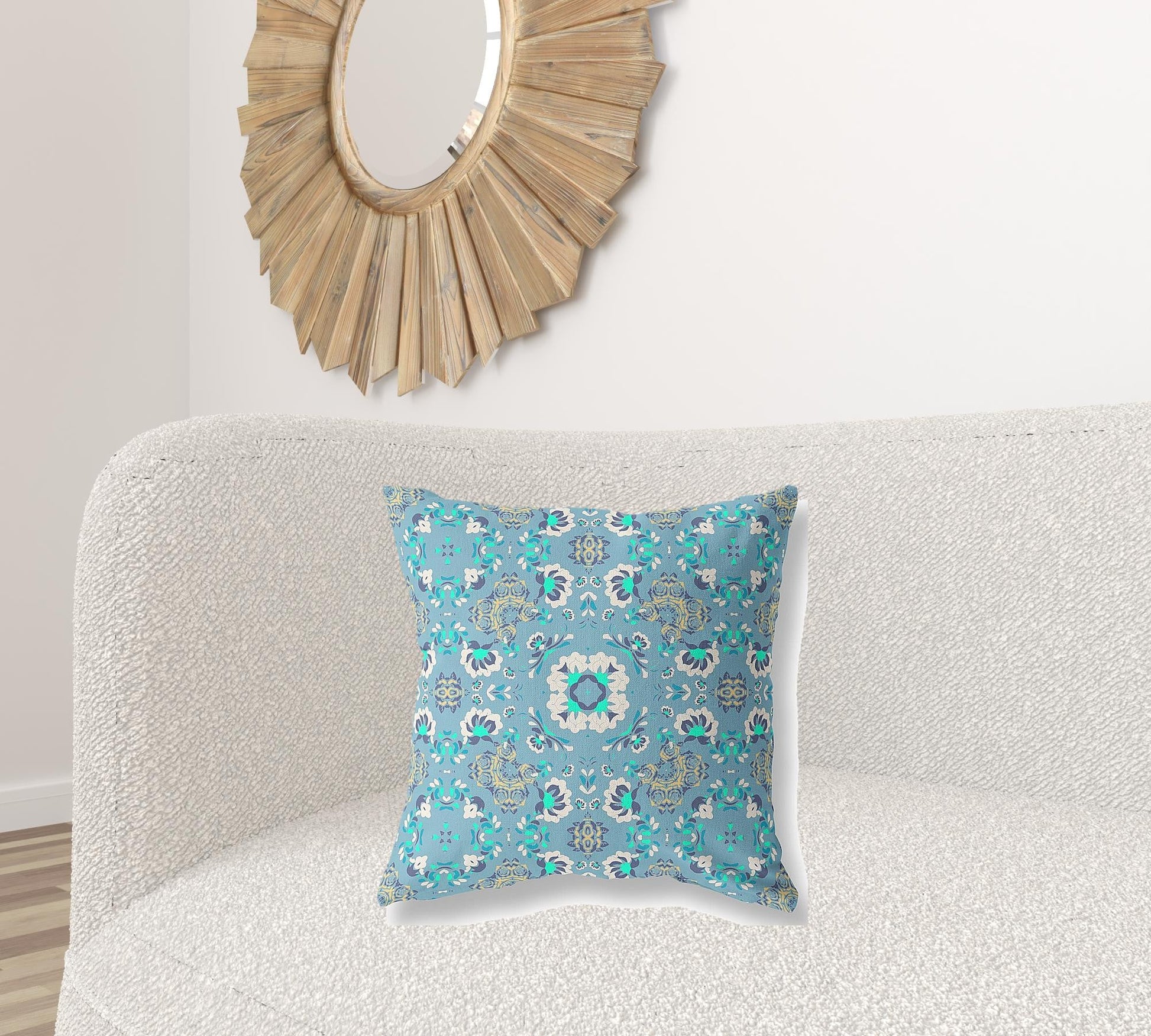 20" X 20" Light Blue Floral Blown Seam Suede Throw Pillow FurniFindUSA