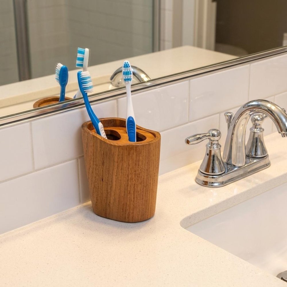 Natural Brown Solid Teak Oval Toothbrush Holder — view 7