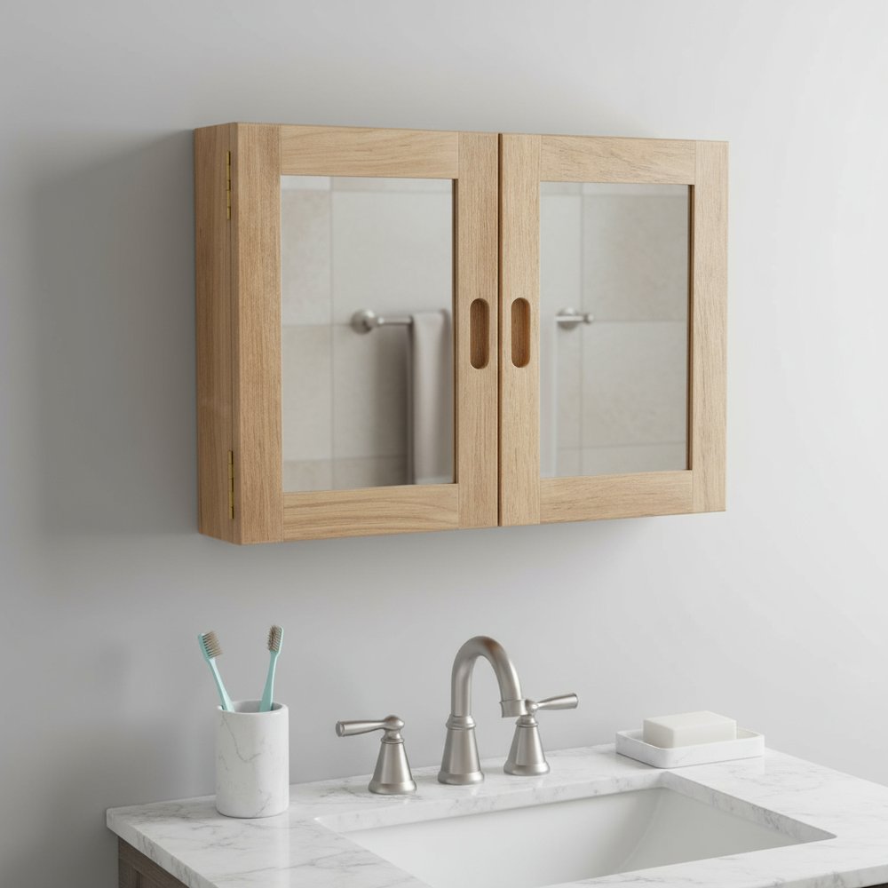 Traditional Solid Teak Double Door Mirrored Medicine Cabinet — view 8