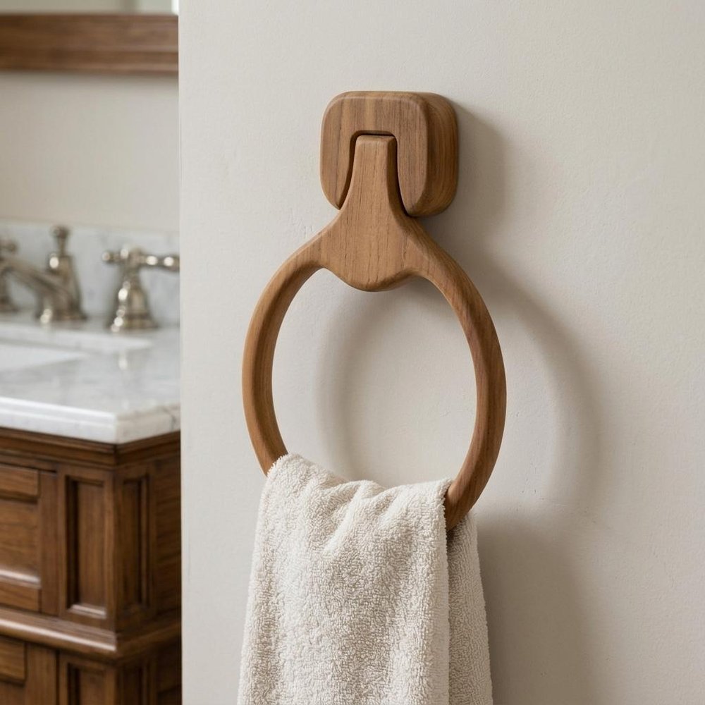 Natural Solid Teak Wood Wall Mount Towel Ring — view 9