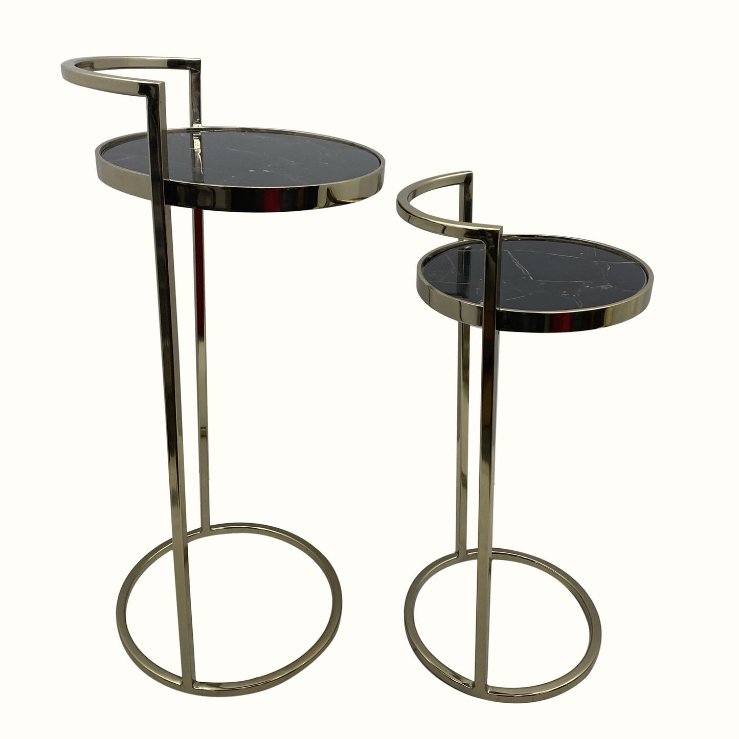 Set of Two 27" Gold And Black Stone Round Nested Tables