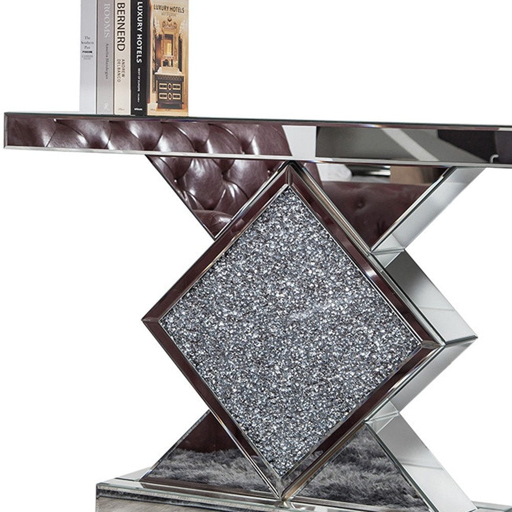 47" Clear and Silver Mirrored Glass And Faux Crystals Pedestal Console Table — view 5