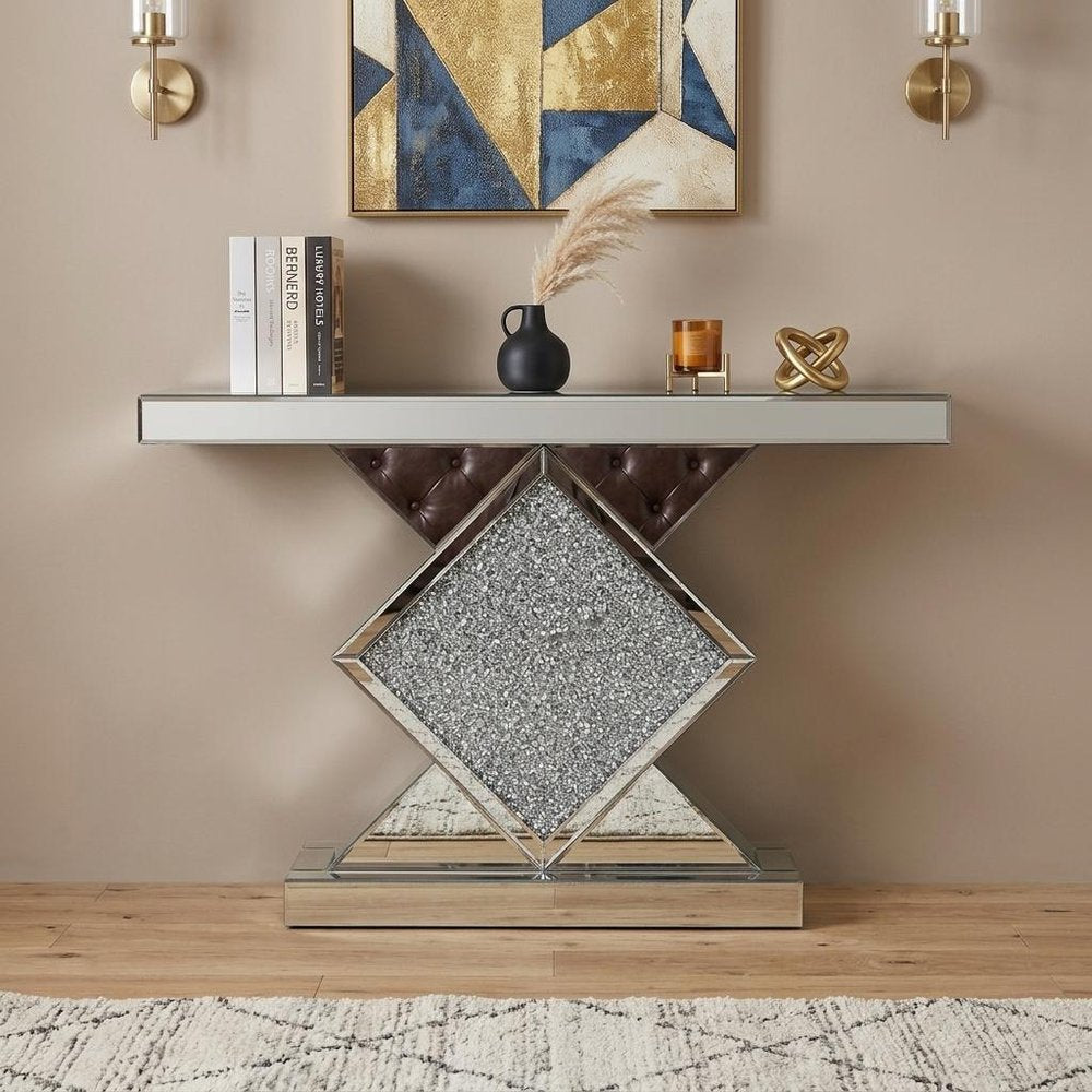 47" Clear and Silver Mirrored Glass And Faux Crystals Pedestal Console Table HomeRoots