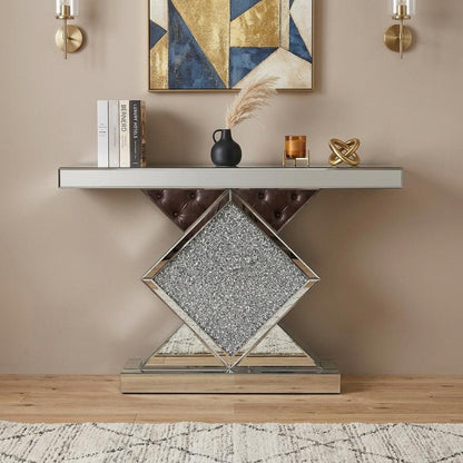 47" Clear and Silver Mirrored Glass And Faux Crystals Pedestal Console Table HomeRoots