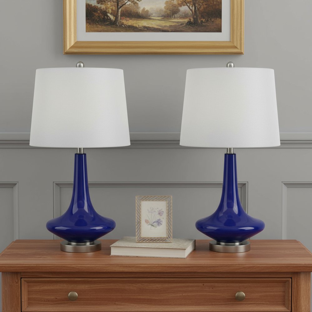 Set Of Two 26" Silver Metal Two Light Bedside Table Lamps With White Globe Shade — view 9