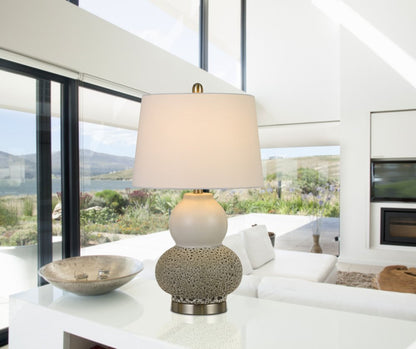 Set Of Two 24" Silver Metal Two Light Desk Table Lamps With White Globe Shade HomeRoots