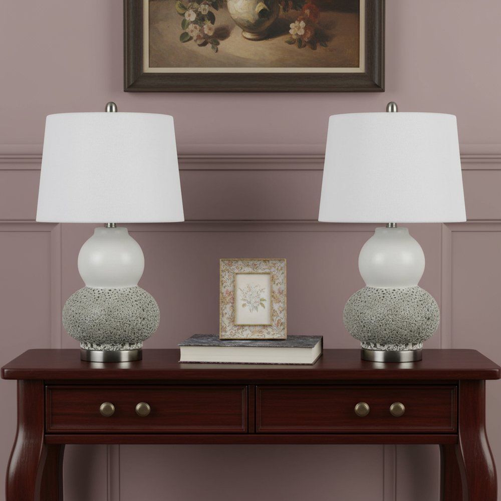Set Of Two 24" Silver Metal Two Light Desk Table Lamps With White Globe Shade HomeRoots