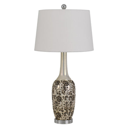 Set Of Two 30" Silver Metal Two Light Bedside Table Lamps With White Globe Shade HomeRoots