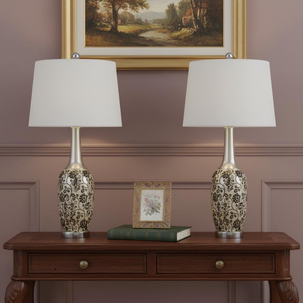 Set Of Two 30" Silver Metal Two Light Bedside Table Lamps With White Globe Shade HomeRoots