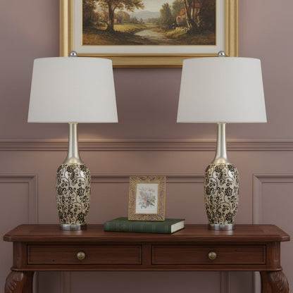 Set Of Two 30" Silver Metal Two Light Bedside Table Lamps With White Globe Shade HomeRoots