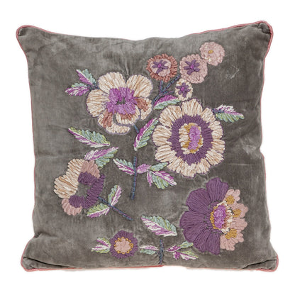 18" Taupe and Purple Cotton Throw Pillow With Embroidery FurniFindUSA
