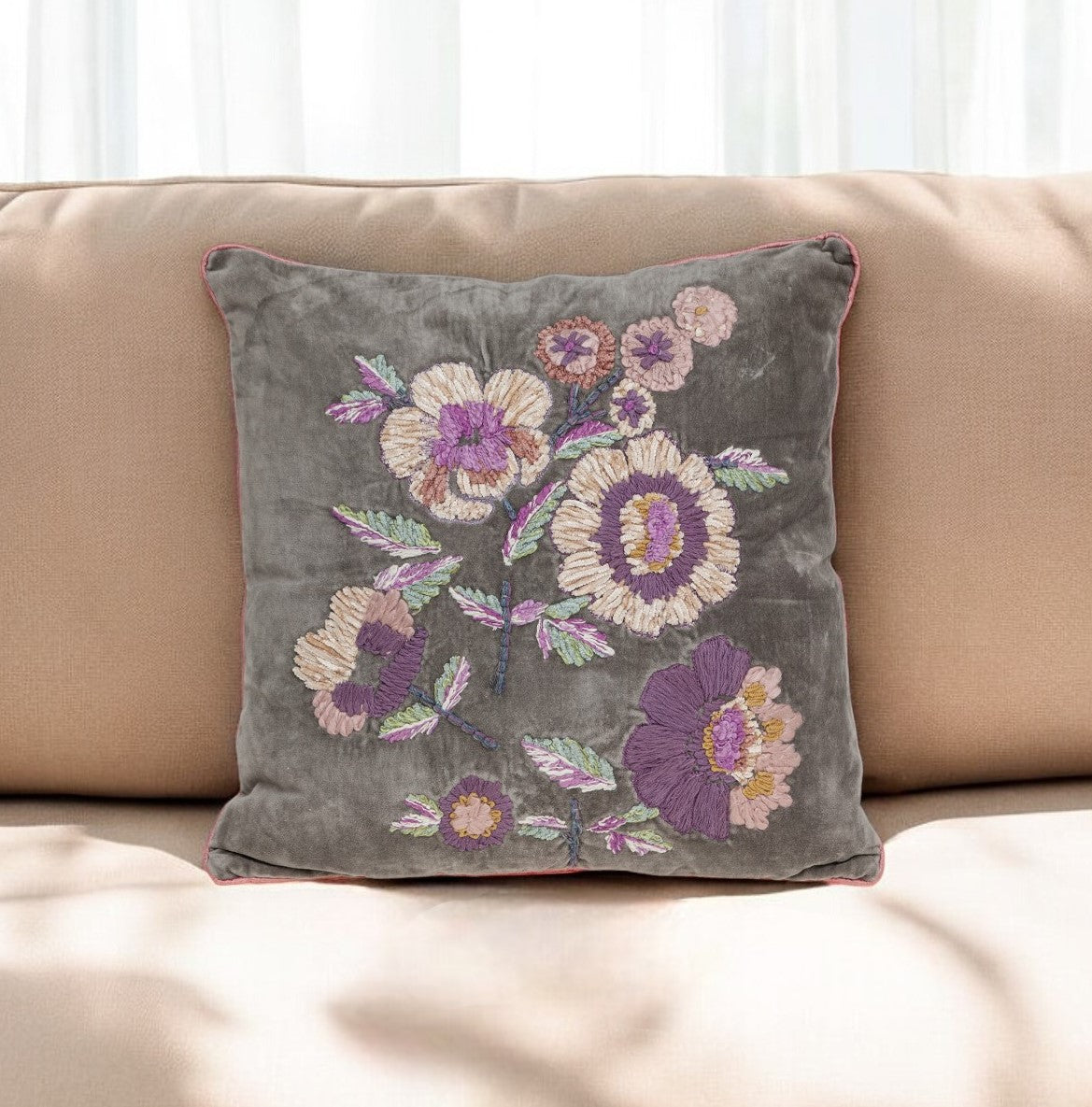 18" Taupe and Purple Cotton Throw Pillow With Embroidery FurniFindUSA