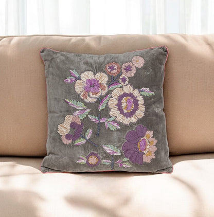 18" Taupe and Purple Cotton Throw Pillow With Embroidery FurniFindUSA