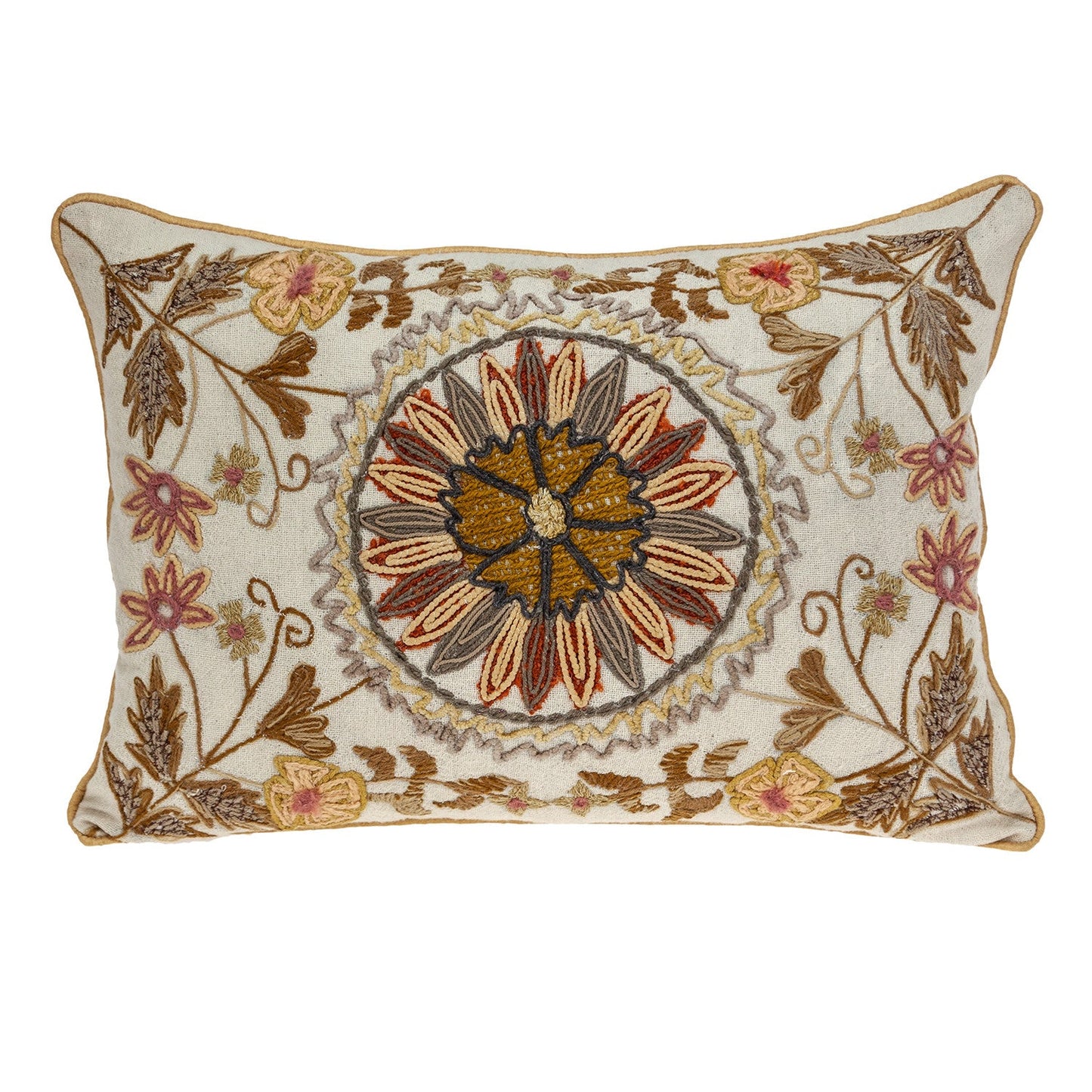 14" X 20" Beige Cotton Throw Pillow With Embroidery FurniFindUSA
