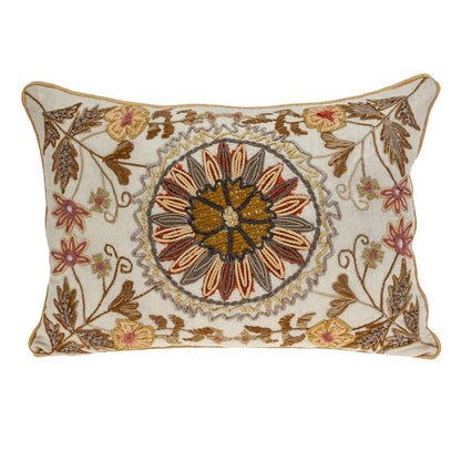 14" X 20" Beige Cotton Throw Pillow With Embroidery FurniFindUSA