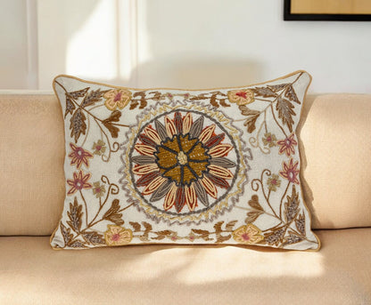 14" X 20" Beige Cotton Throw Pillow With Embroidery FurniFindUSA