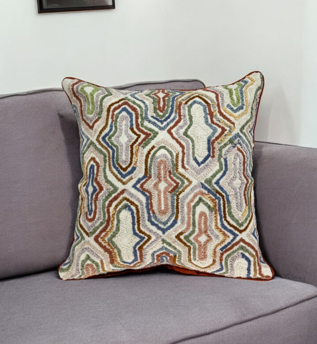 18" Beige and Brown Cotton Throw Pillow With Embroidery FurniFindUSA