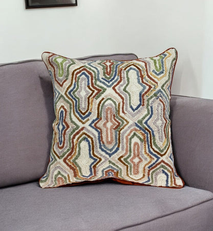 18" Beige and Brown Cotton Throw Pillow With Embroidery FurniFindUSA