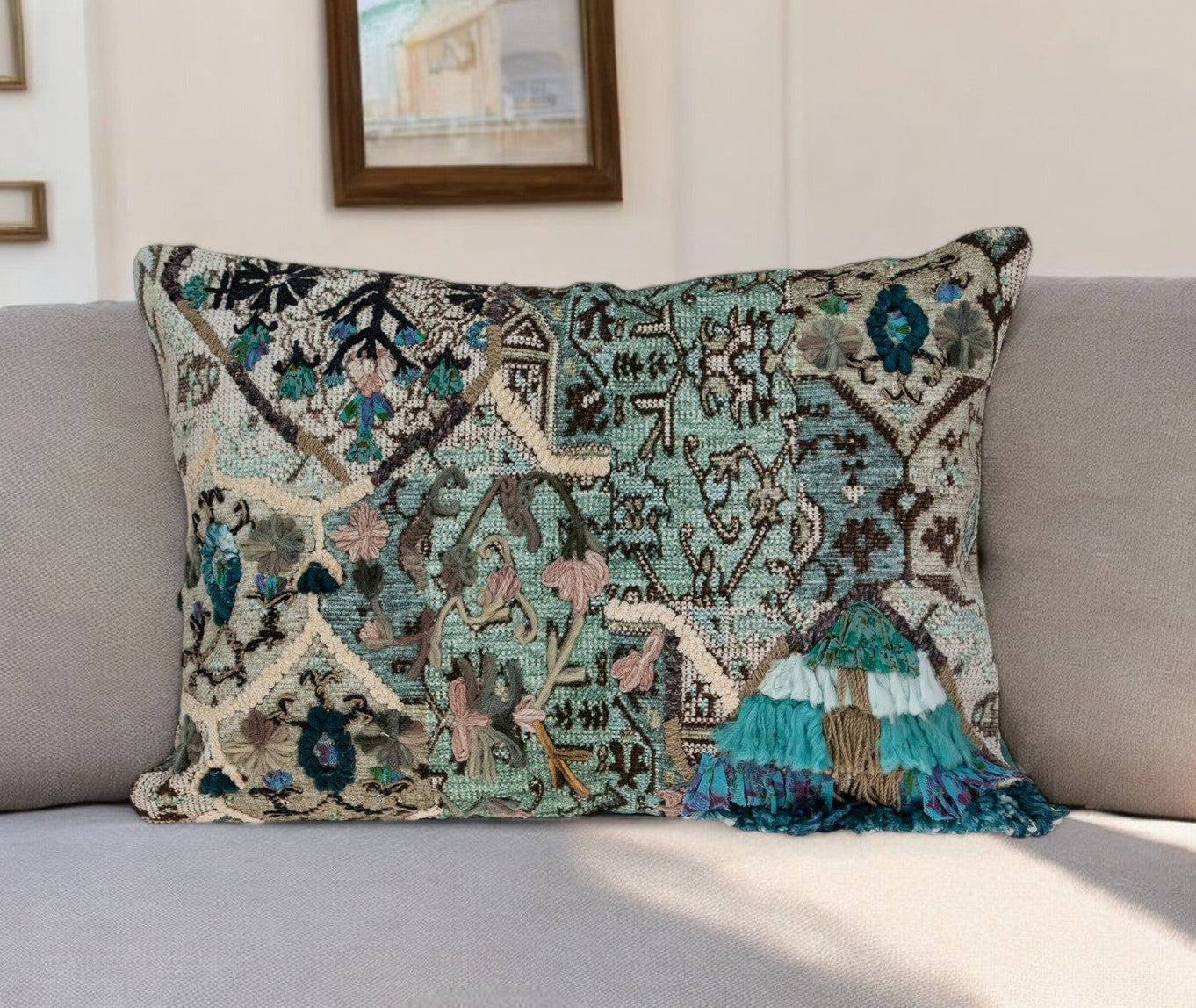 14" X 20" Beige and Green Cotton Throw Pillow With Fringe FurniFindUSA
