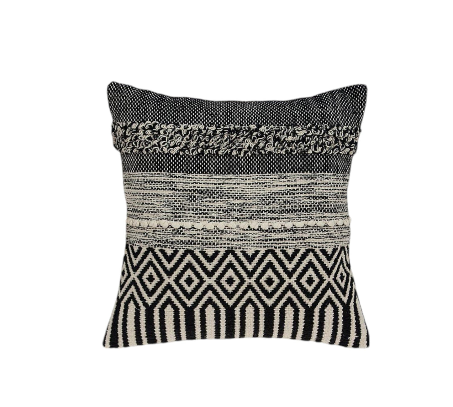 18" Beige and Black Cotton Throw Pillow With Embroidery 6.0" (L) x 18.0" (W) x 18.0" (H) FurniFindUSA