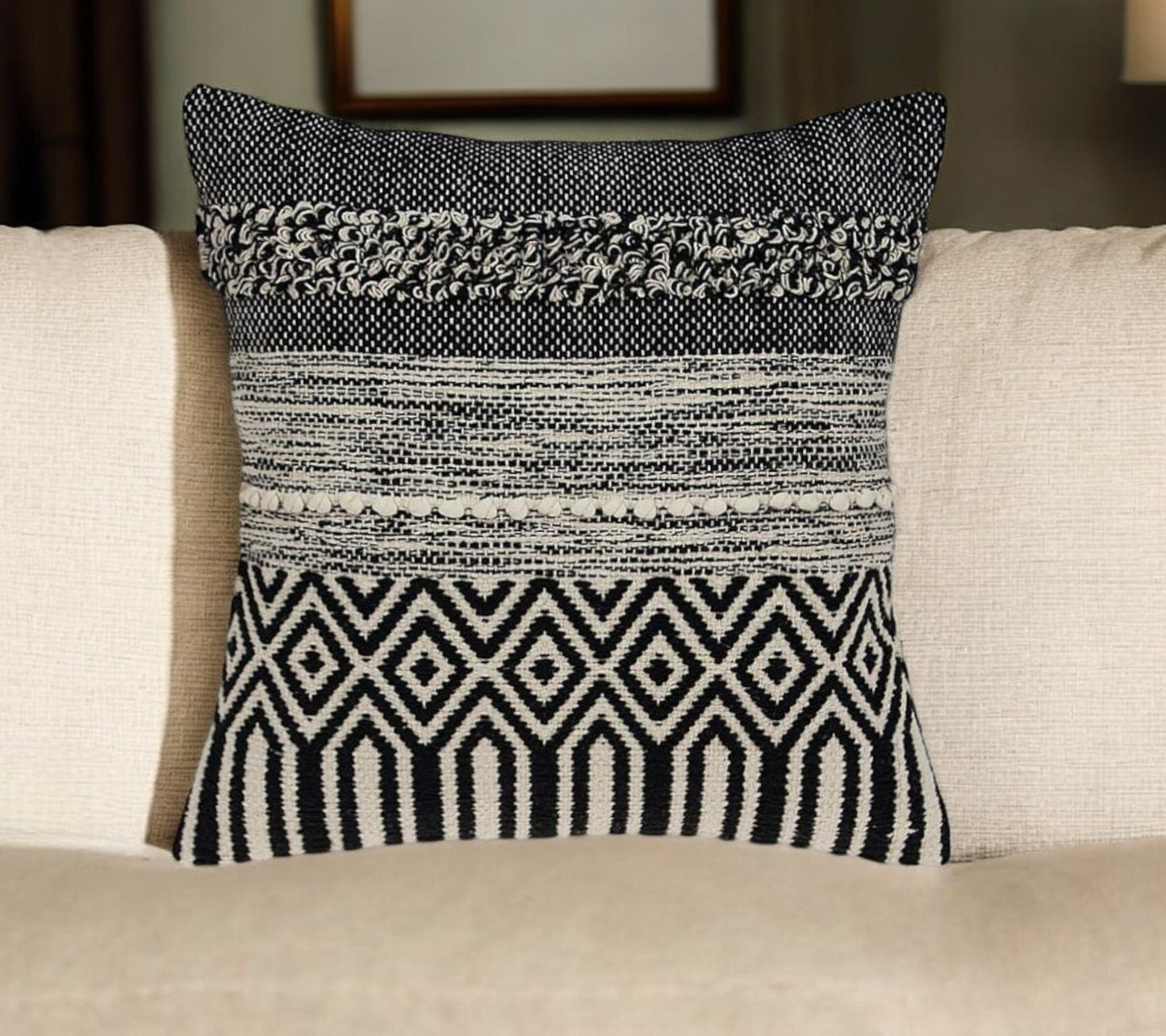 18" Beige and Black Cotton Throw Pillow With Embroidery 6.0" (L) x 18.0" (W) x 18.0" (H) FurniFindUSA