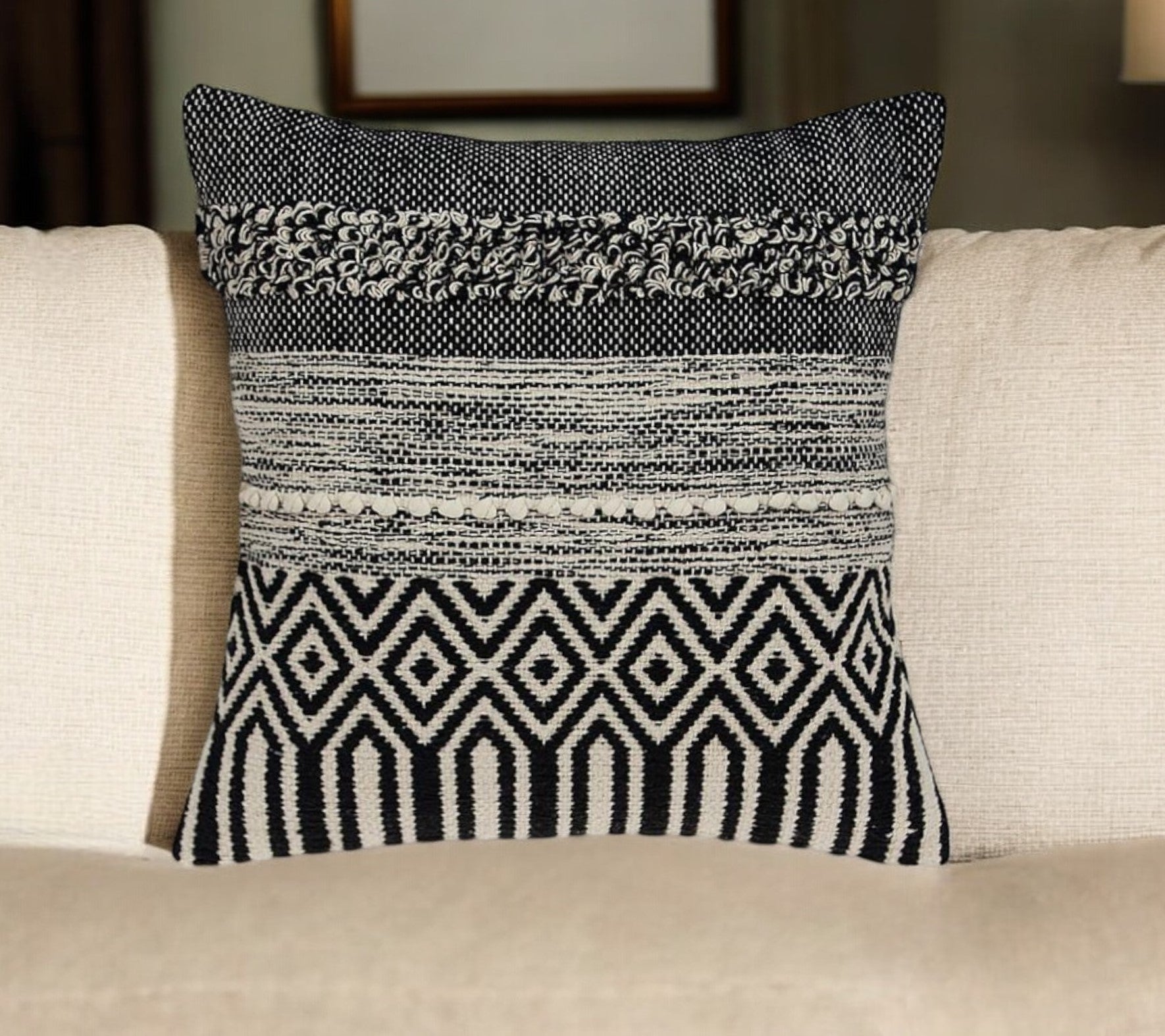 18" Beige and Black Cotton Throw Pillow With Embroidery 6.0" (L) x 18.0" (W) x 18.0" (H) FurniFindUSA