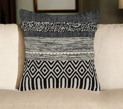 18" Beige and Black Cotton Throw Pillow With Embroidery 6.0" (L) x 18.0" (W) x 18.0" (H) FurniFindUSA
