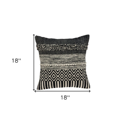 18" Beige and Black Cotton Throw Pillow With Embroidery 6.0" (L) x 18.0" (W) x 18.0" (H) FurniFindUSA