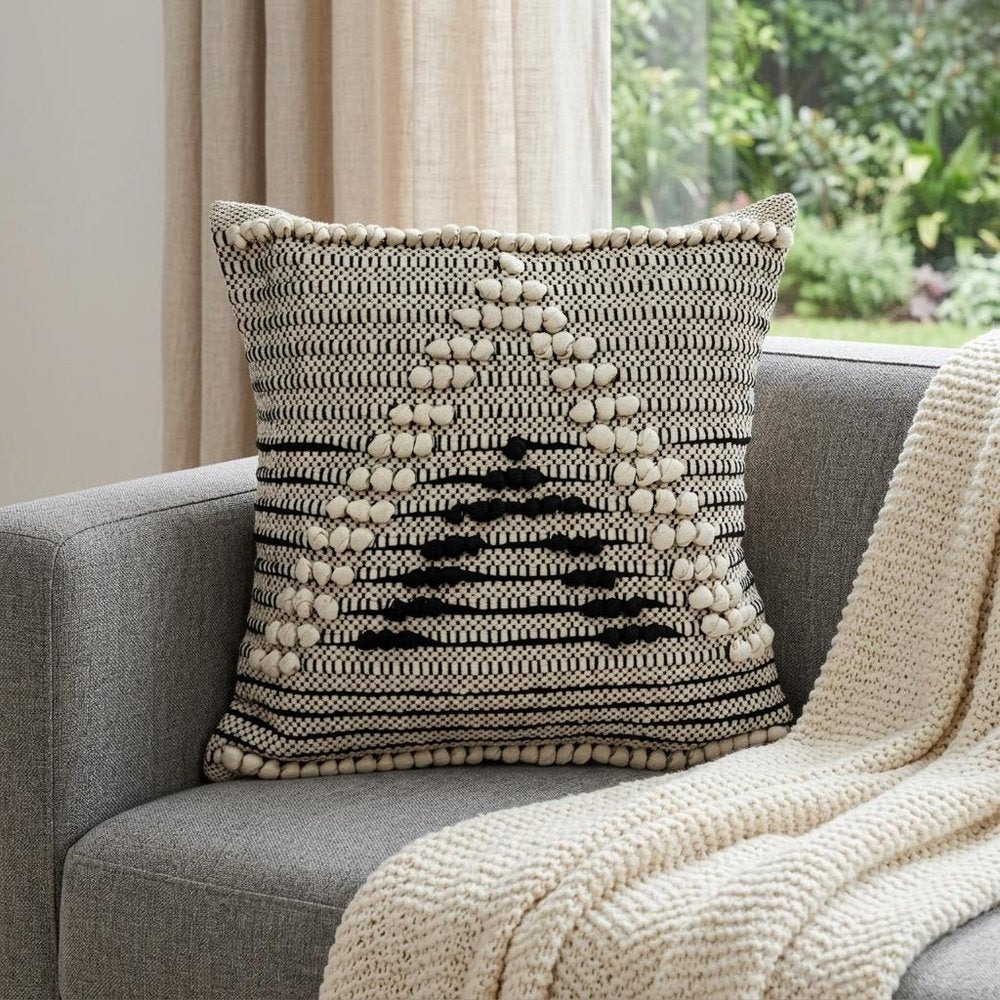 18" Beige and Black Cotton Throw Pillow With Embroidery — view 4