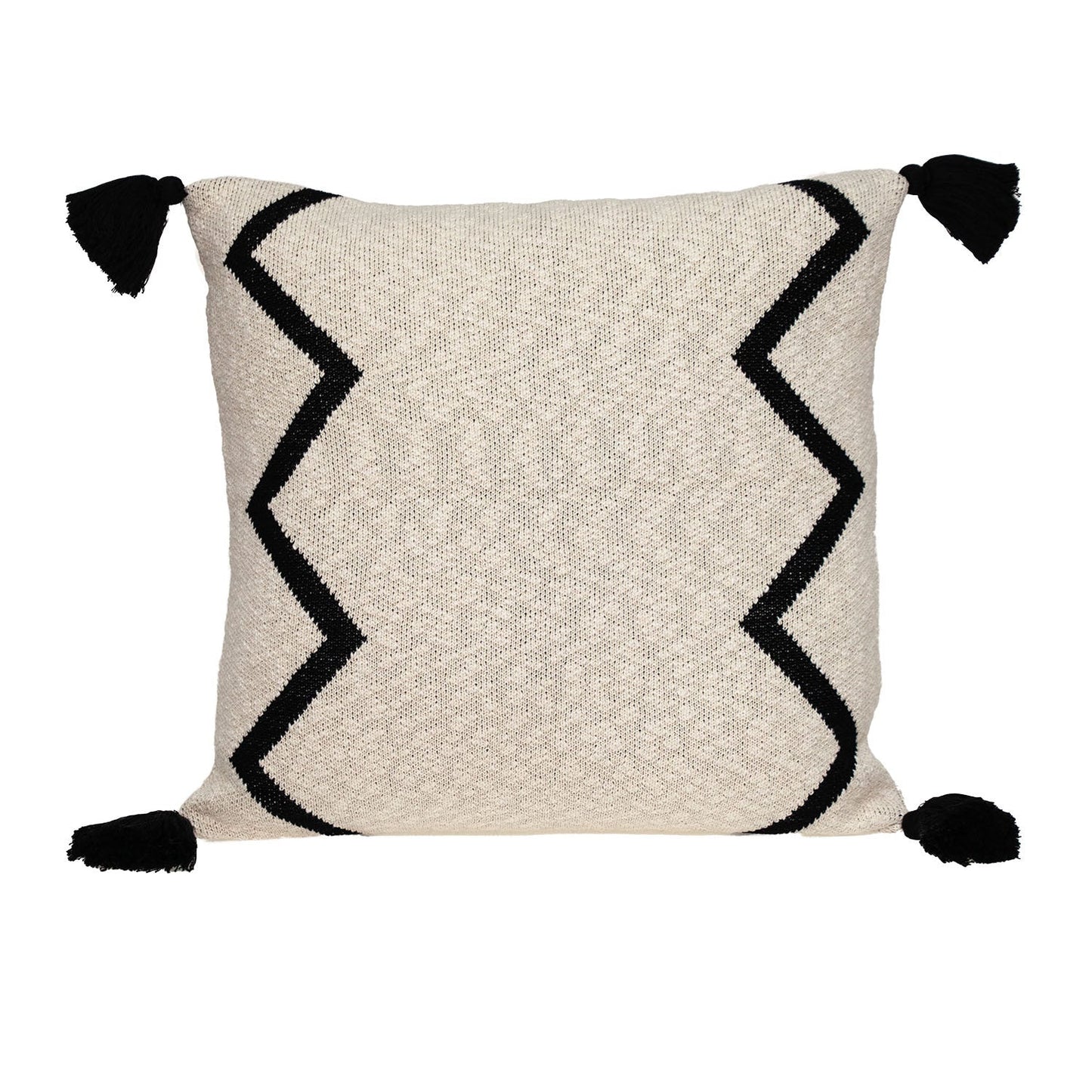 20" x 20" Black and Cream Zigzag Pattern Square Accent Throw Pillow with Tassel FurniFindUSA
