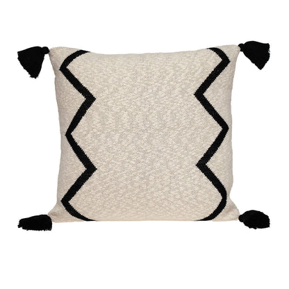 20" x 20" Black and Cream Zigzag Pattern Square Accent Throw Pillow with Tassel FurniFindUSA