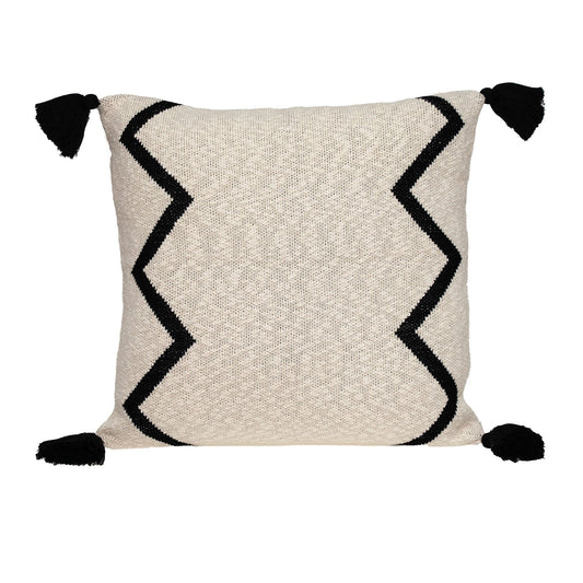 20" x 20" Black and Cream Zigzag Pattern Square Accent Throw Pillow with Tassel FurniFindUSA
