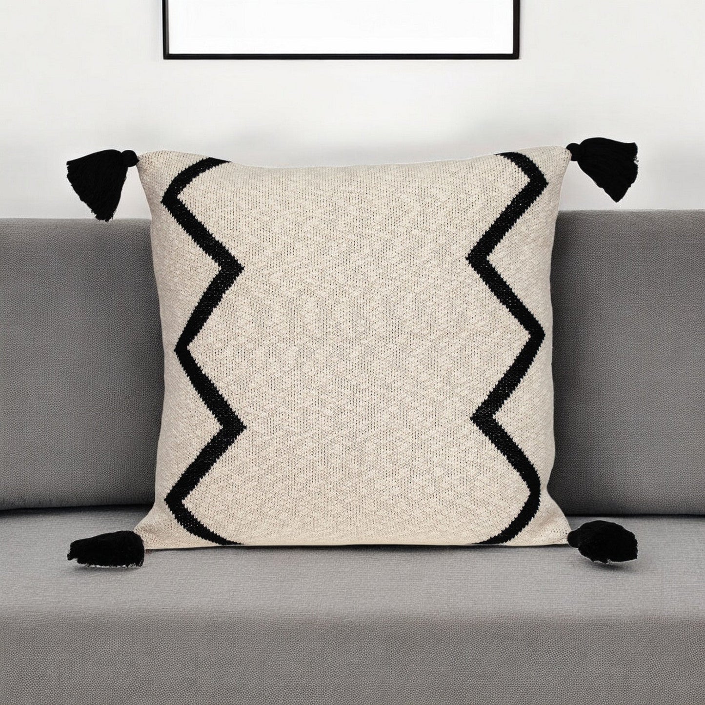 20" x 20" Black and Cream Zigzag Pattern Square Accent Throw Pillow with Tassel FurniFindUSA